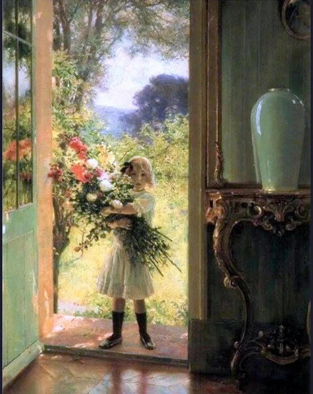 Bambina con fiori dal giardino